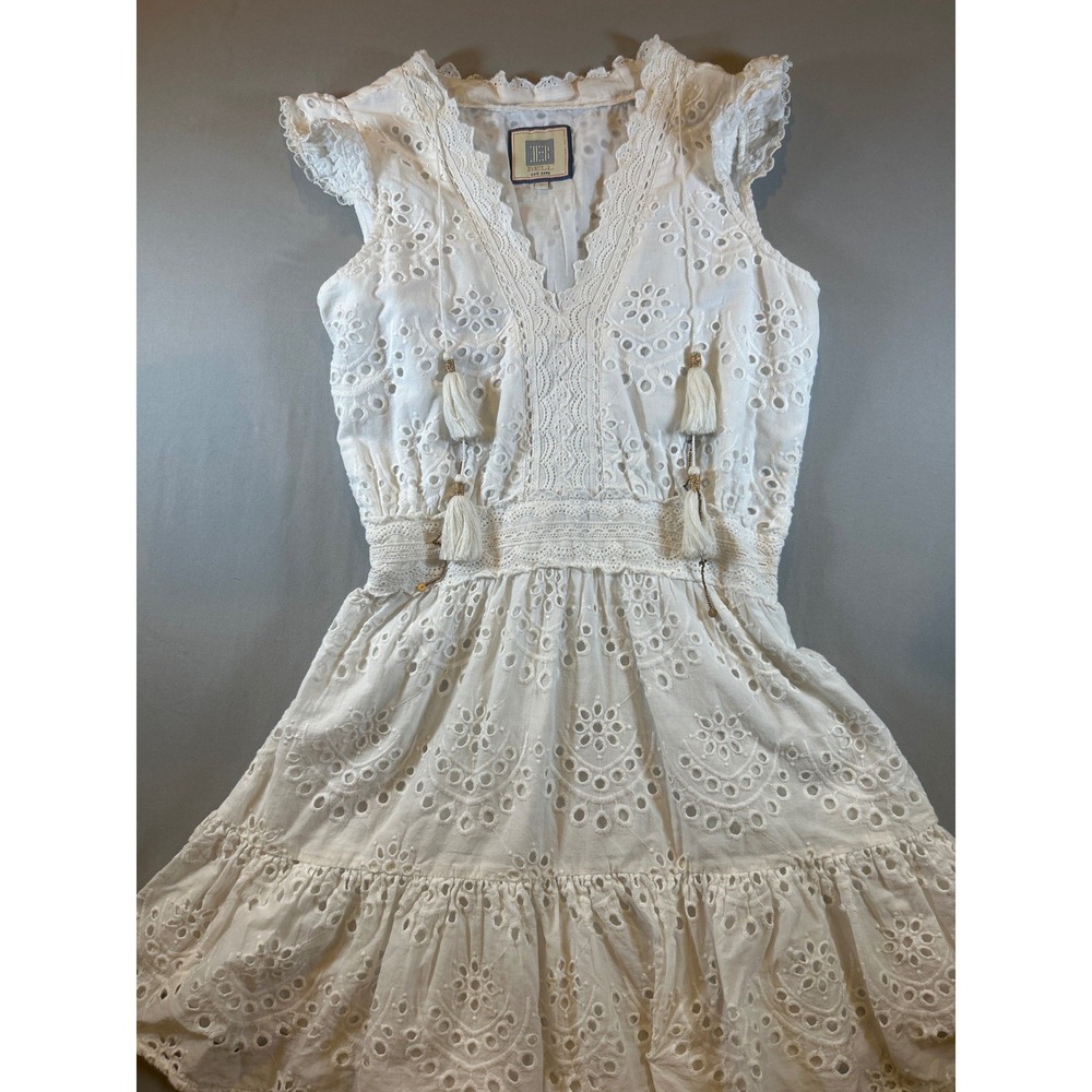 Bell by Alicia Bell White Cotton Eyelet Smocked Mini Dress Tassel Boho Small - Picture 1 of 8